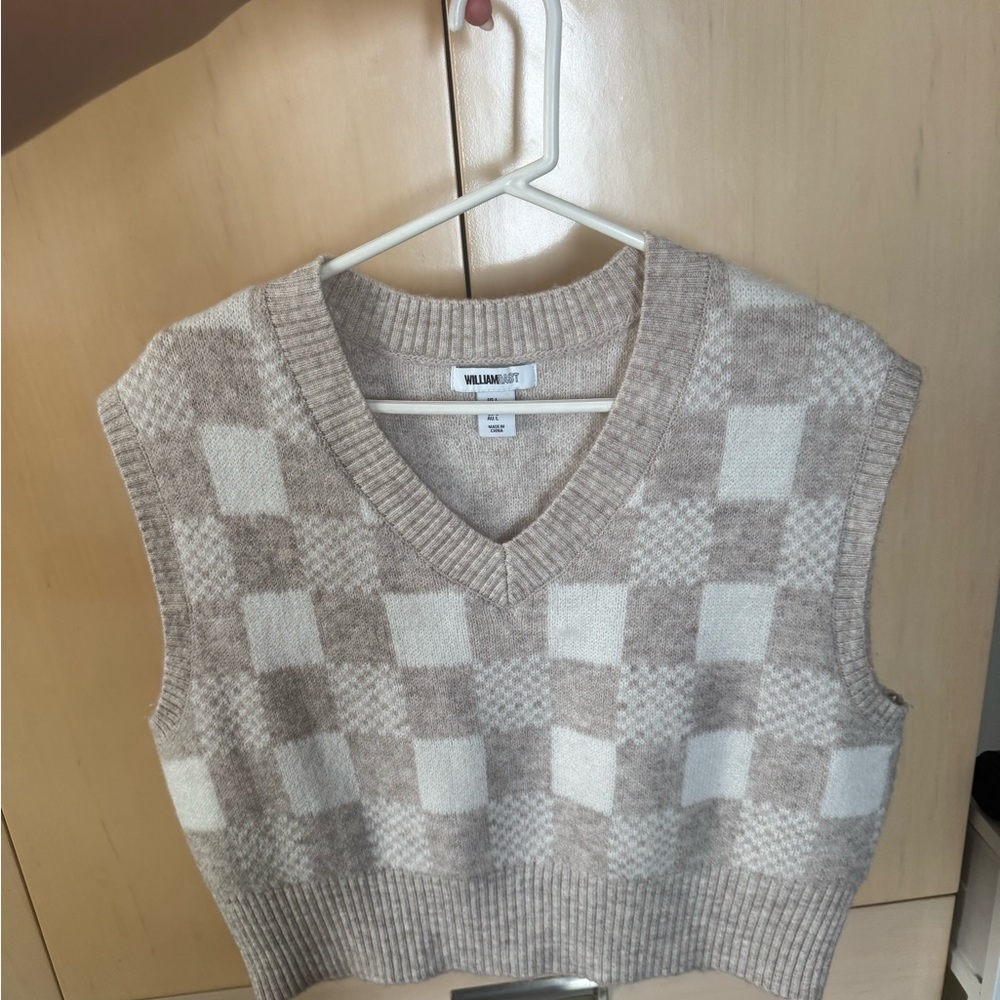 William Rast Neutral Checker V-Neck Sweater Vest